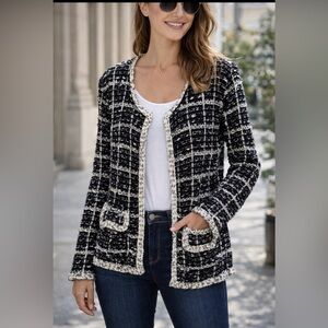 Sioni Tweed Cardigan Jacket XL Black White Chanel Style Knit Blazer Open Front
